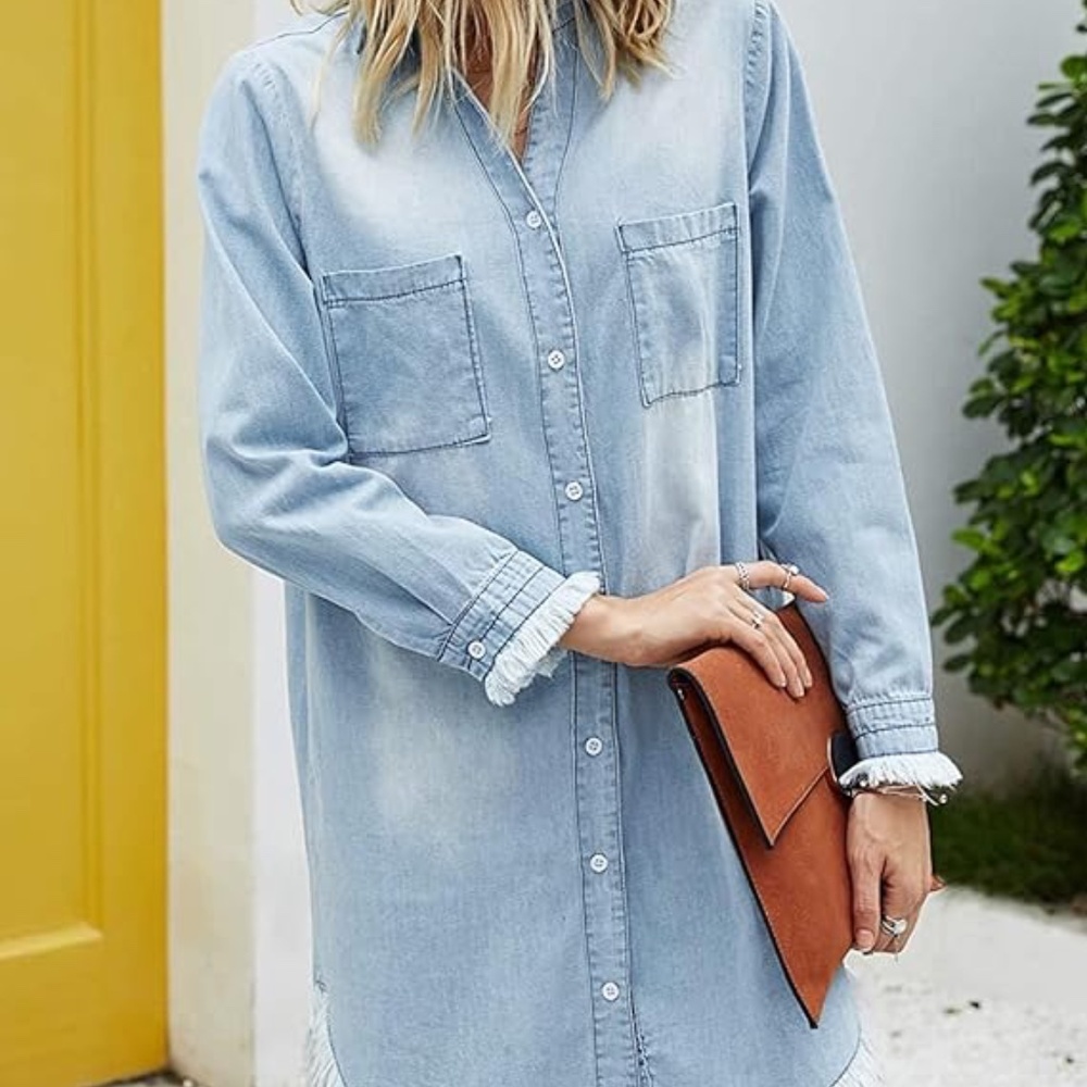 🩵 Distressed frayed chambray shirt dress light wash fall autumn back to school